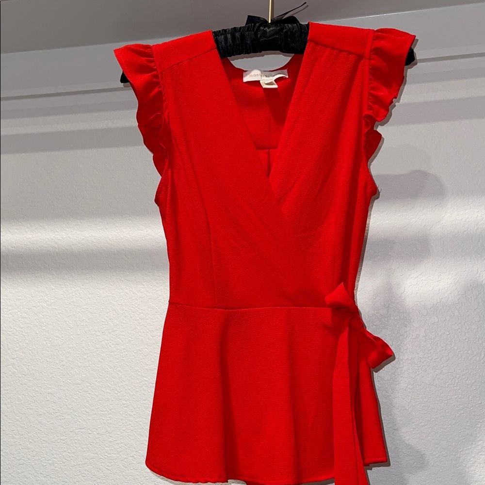 Elegant Red Ruffle Sleeve Wrap Top NWOT